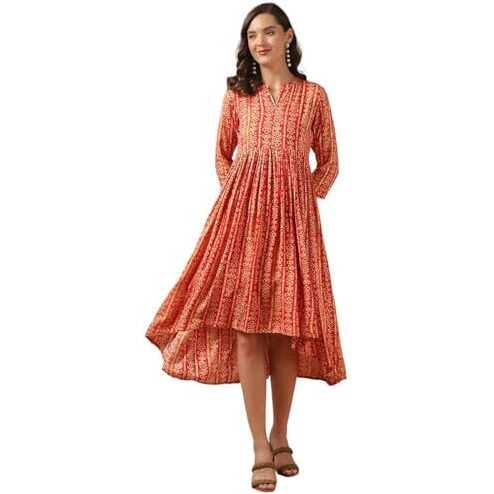 Rangita Women Coral Rayon Printed Asymmetric Calf Length Ethnic Dress, 2Xl