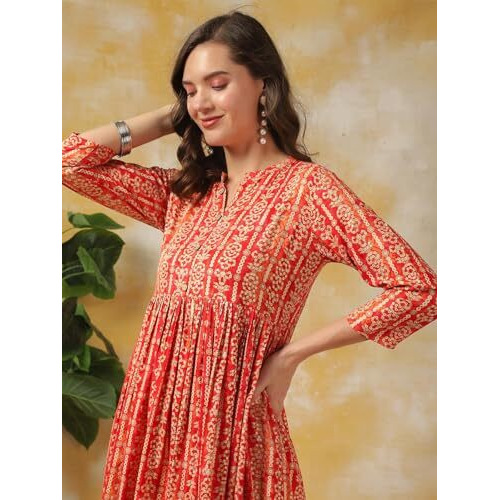 Rangita Women Coral Rayon Printed Asymmetric Calf Length Ethnic Dress, 2Xl