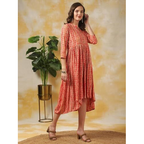 Rangita Women Coral Rayon Printed Asymmetric Calf Length Ethnic Dress, 2Xl