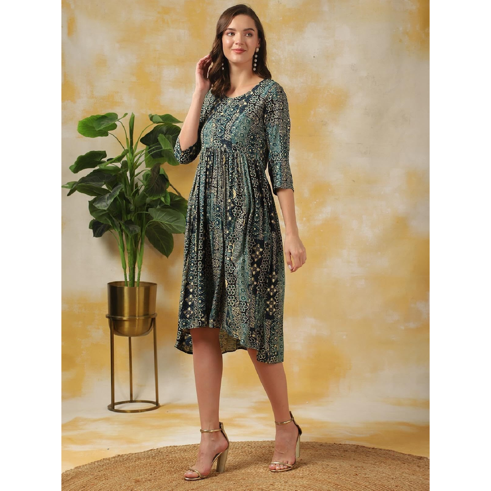 Rangita Women Blue Rayon Embroidered At Yoke Knee Length Flared Ethnic Gown, S