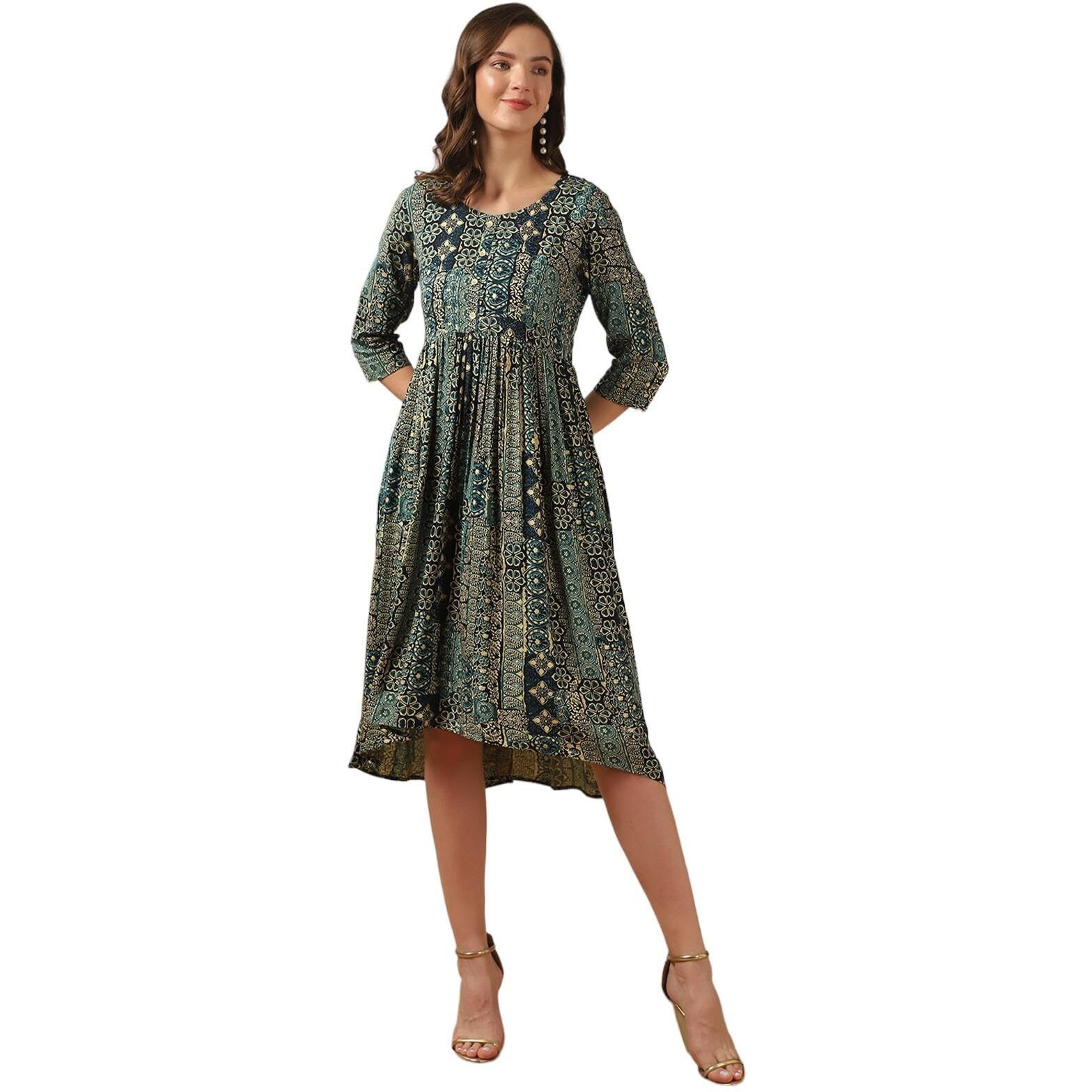 Rangita Women Blue Rayon Embroidered At Yoke Knee Length Flared Ethnic Gown, M