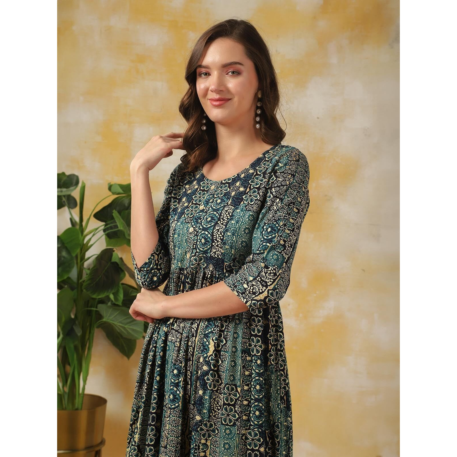 Rangita Women Blue Rayon Embroidered At Yoke Knee Length Flared Ethnic Gown, 2Xl