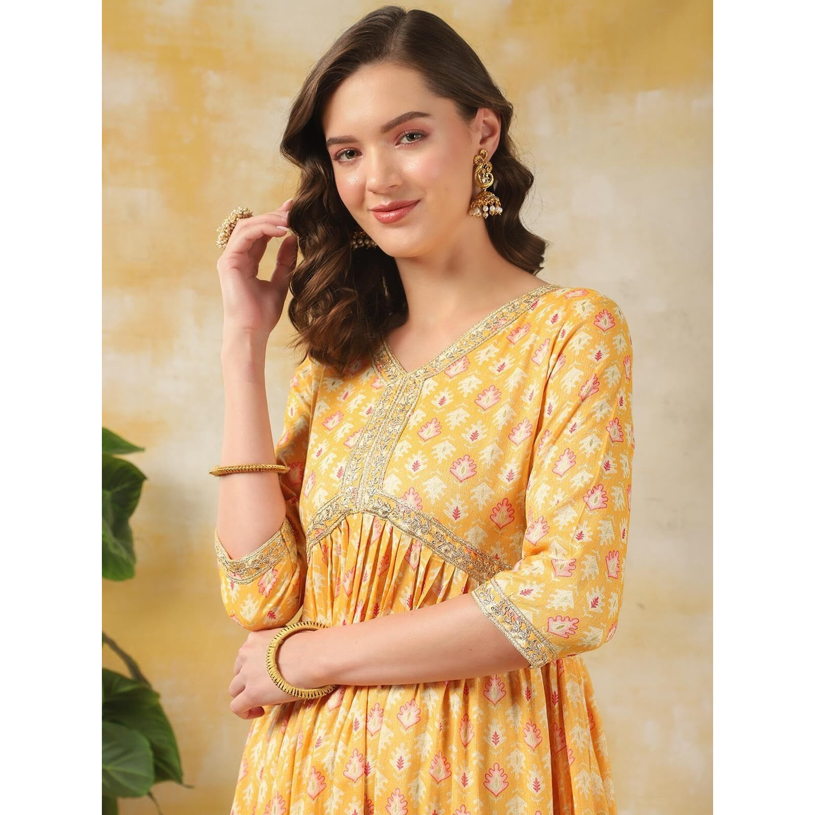 Rangita Women Yellow Rayon Printed A-Line Calf Length Ethnic Dress, 2Xl