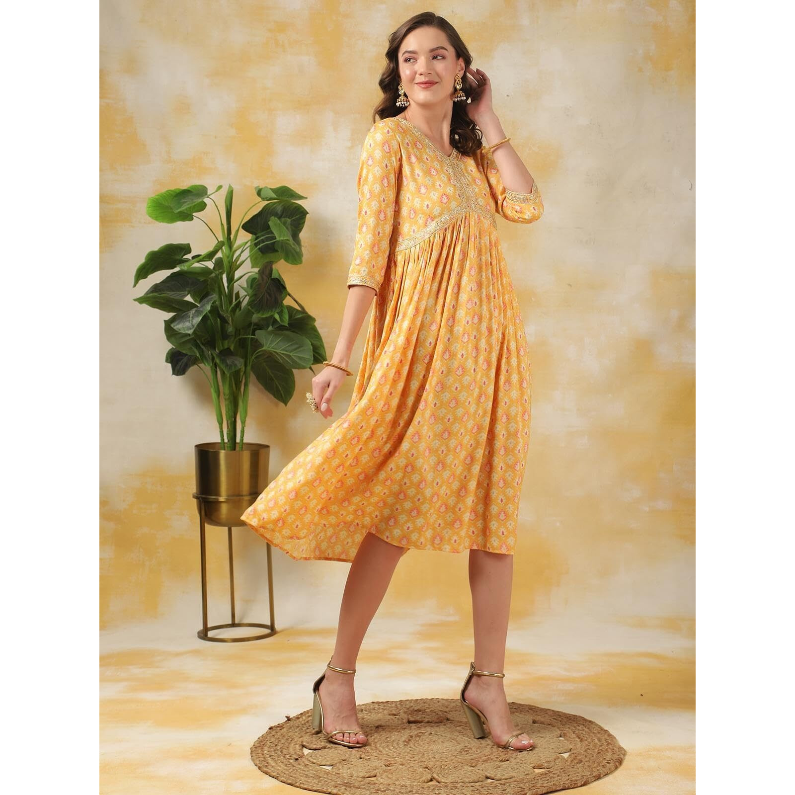 Rangita Women Yellow Rayon Printed A-Line Calf Length Ethnic Dress, 2Xl