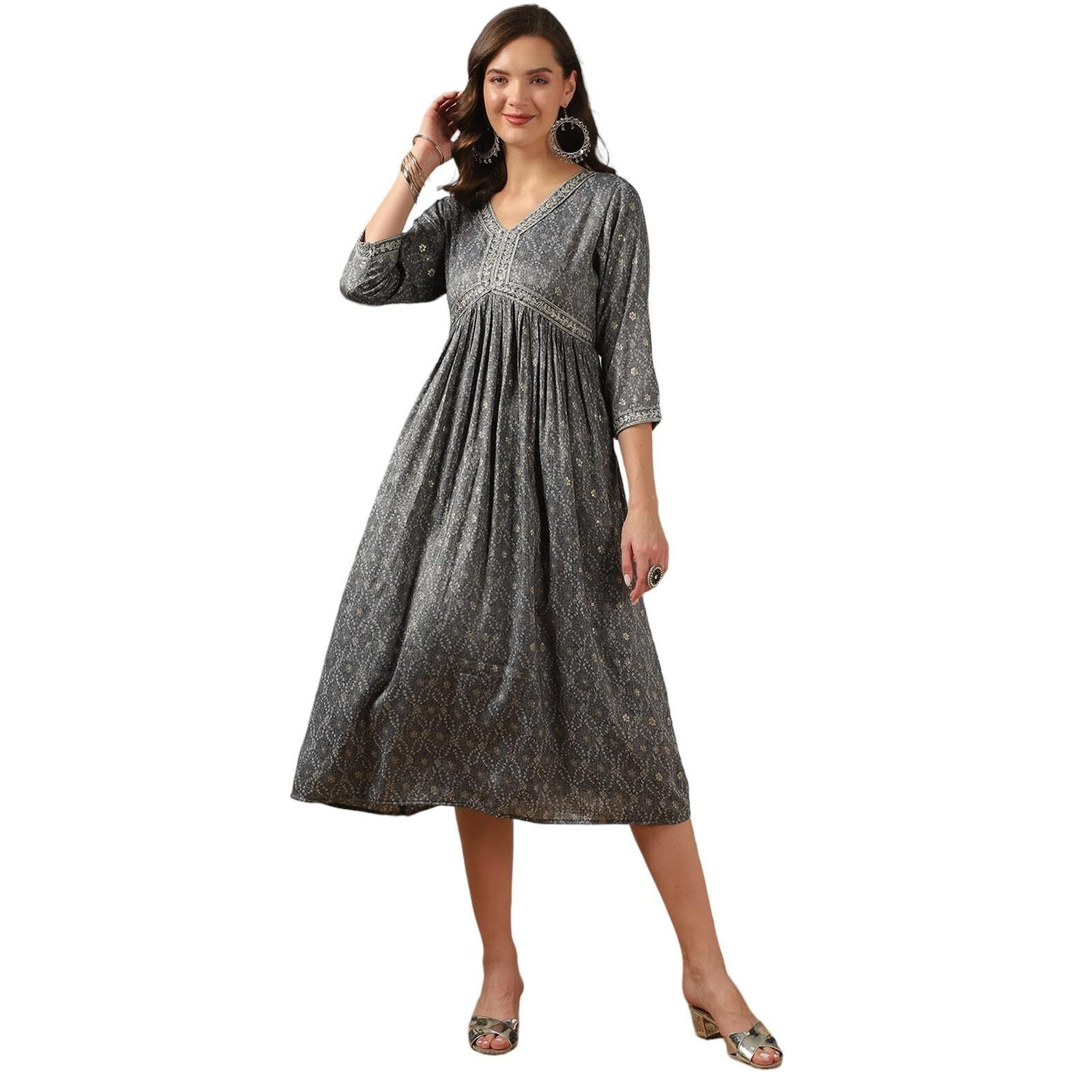 Rangita Women Grey Rayon Embroidered At Yoke Ankle Length Flared Ethnic Gown, Xl