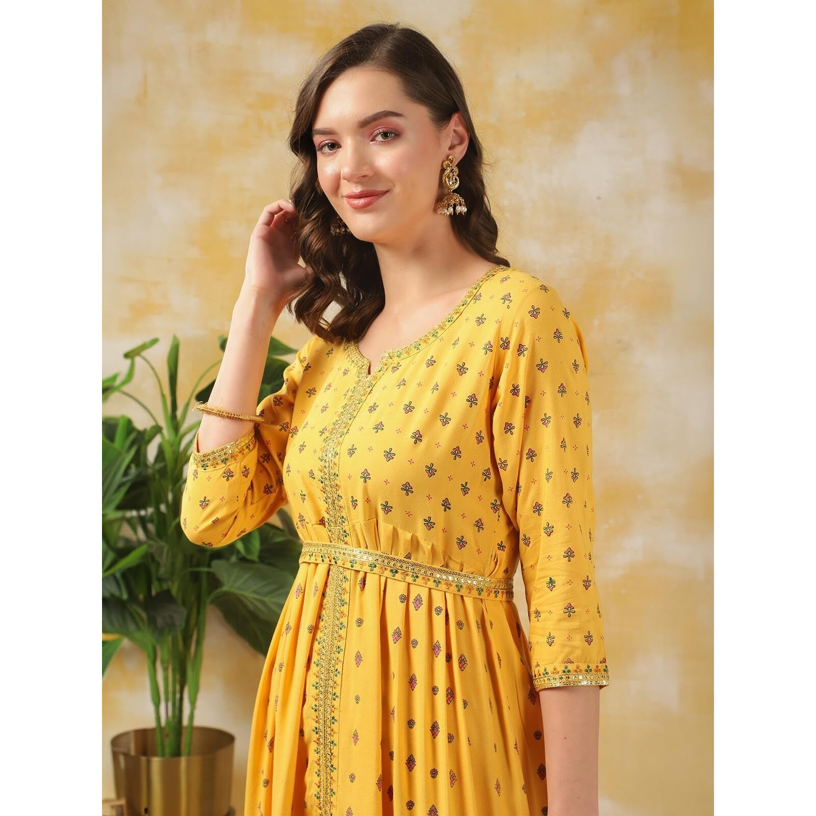 Rangita Women Yellow Rayon Embroidered Floor Length Flared Ethnic Gown, 2Xl