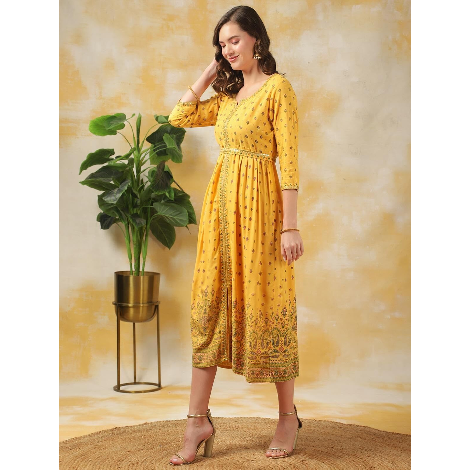 Rangita Women Yellow Rayon Embroidered Floor Length Flared Ethnic Gown, 2Xl