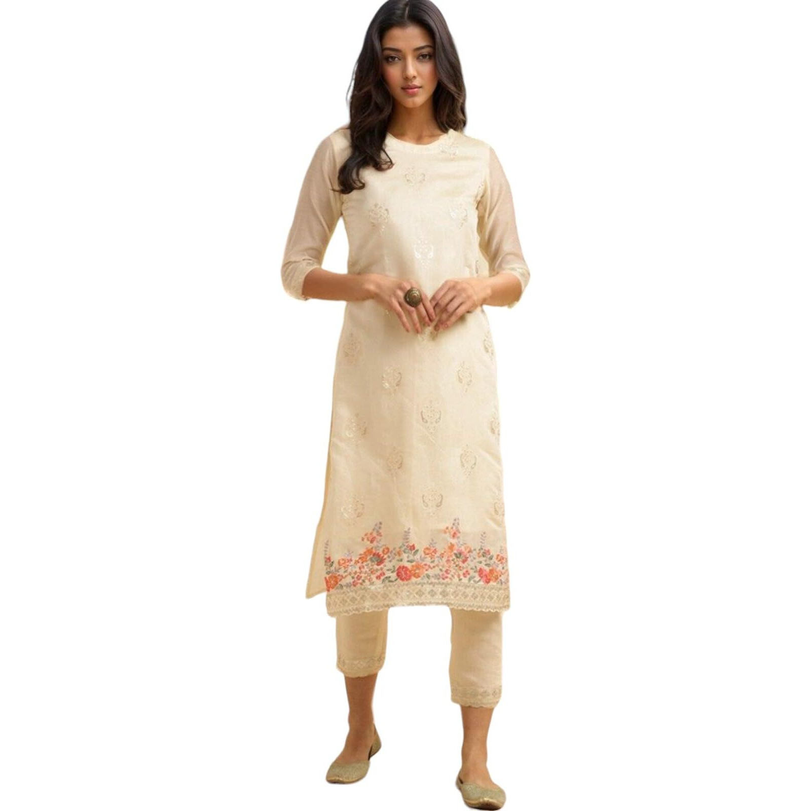 Rangita Off White Chanderi Embroidered Straight Kurta With Pant | Kurta Set For Women_2Xl