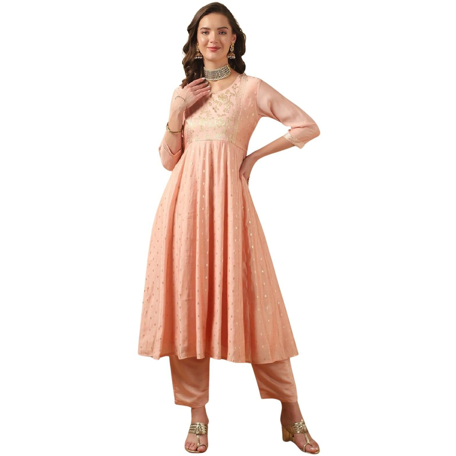 Rangita Peach Silk Printed Anarkali Kurta With Pant | Kurta Set For Women_Xl
