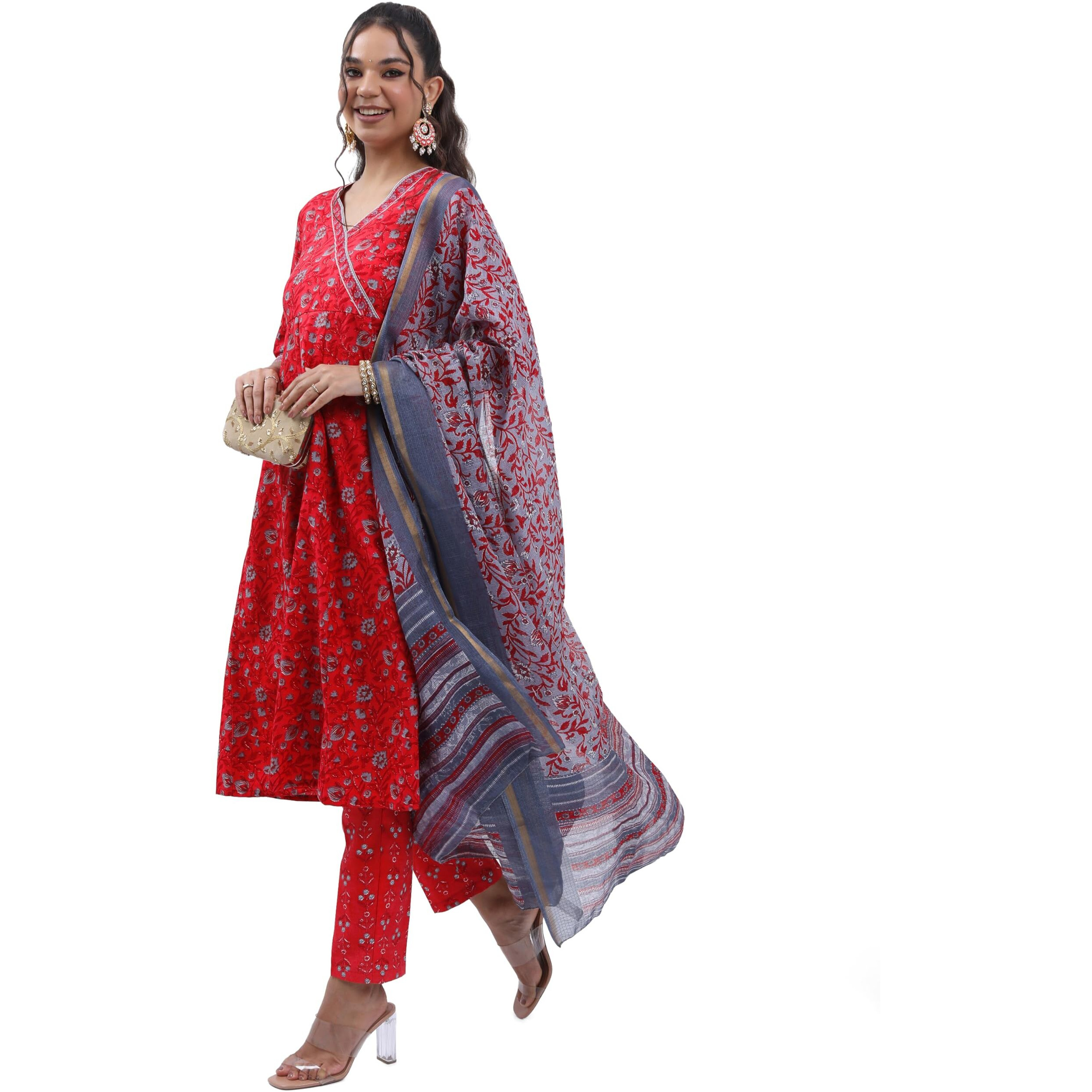 Ketch Women's Polyester Ethnic Set (Khk3000988_Red