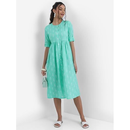 Ketch Cotton Blend Women Regular Fit Sea/Green Dress Knee-Length Kha1000063