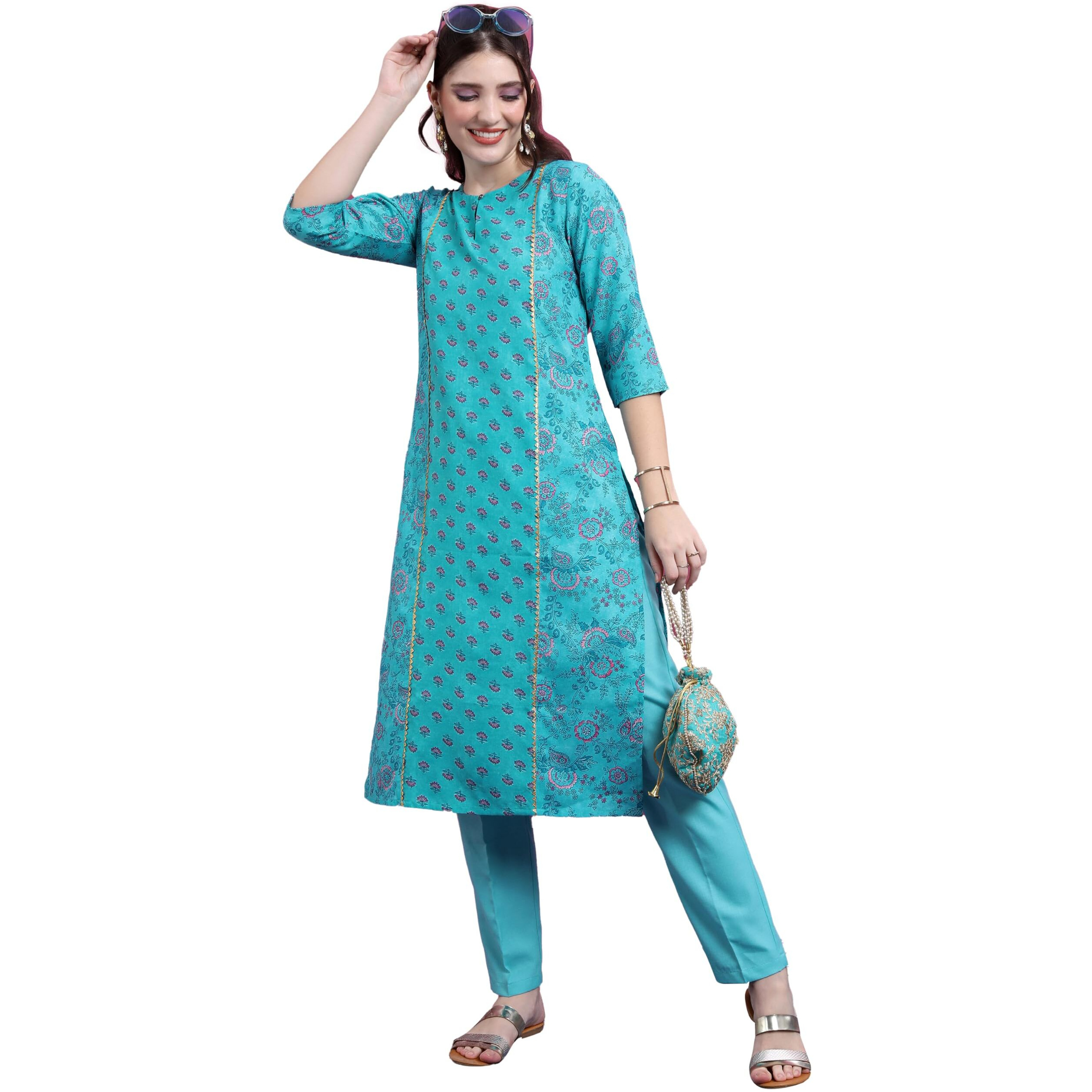 Ketch Women Polyester Regular Fit Kurta (Khku000350_Turquoise Blue, Small