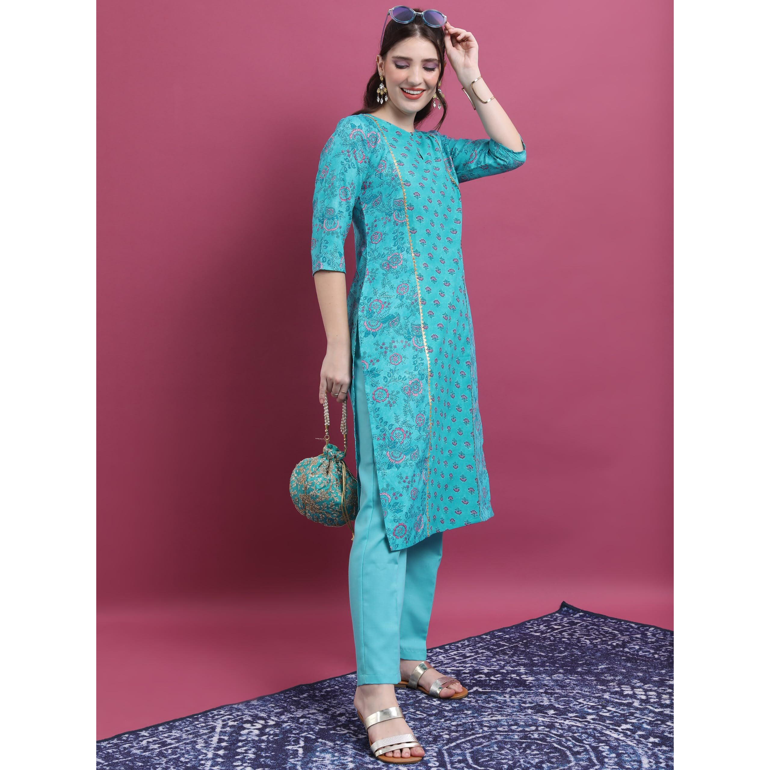 Ketch Women Polyester Regular Fit Kurta (Khku000350_Turquoise Blue, Small