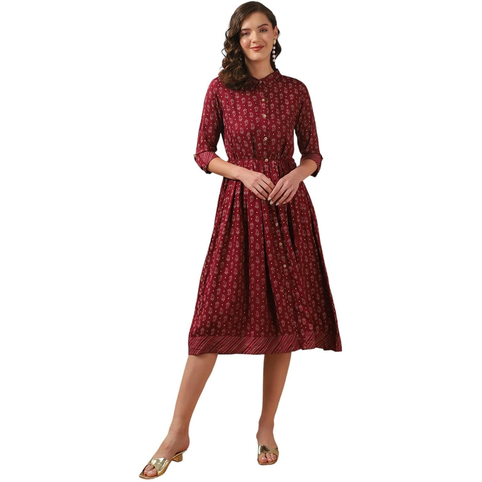 Rangita Women Maroon Rayon Printed Calf Length Flared Ethnic Dress, 3Xl
