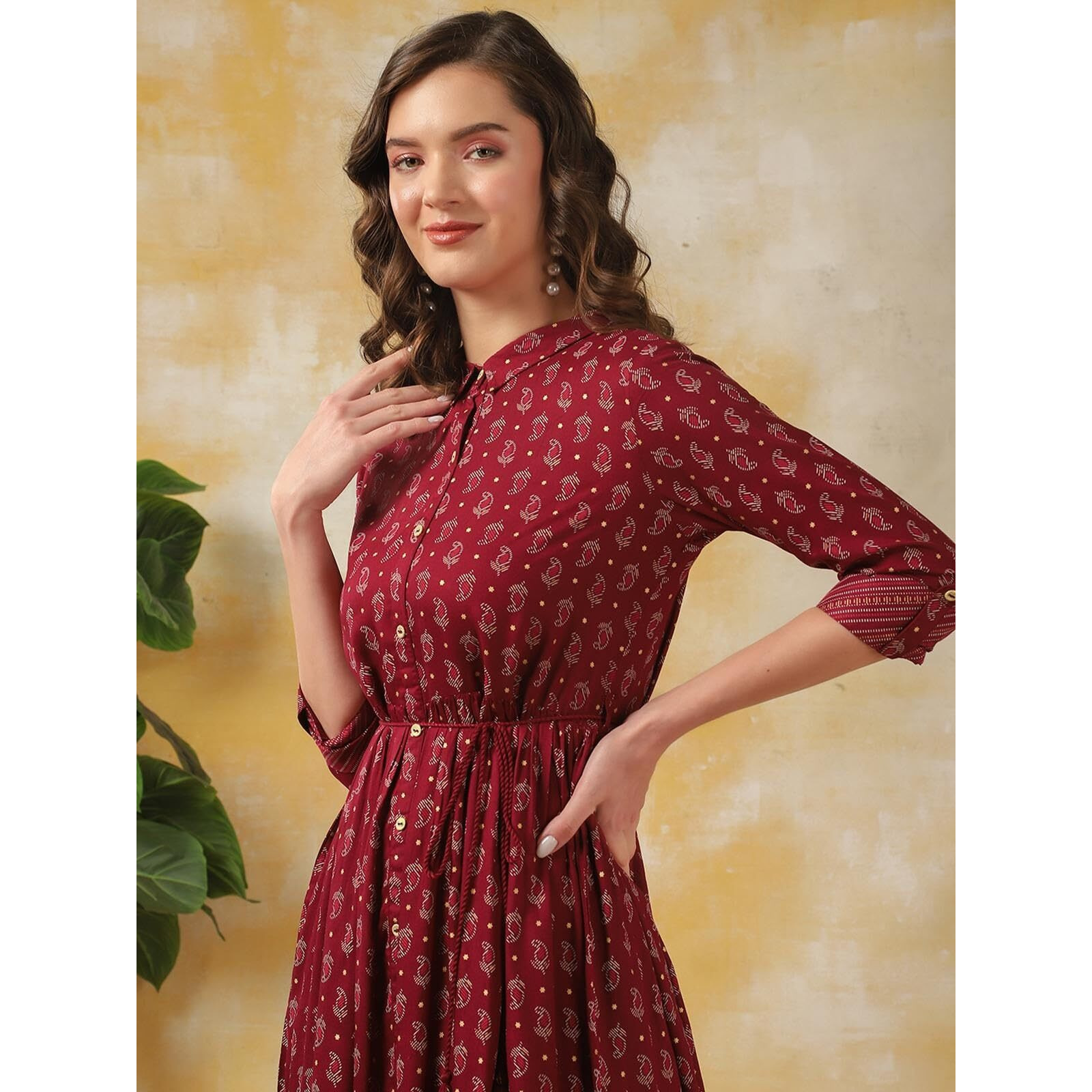 Rangita Women Maroon Rayon Printed Calf Length Flared Ethnic Dress, 3Xl