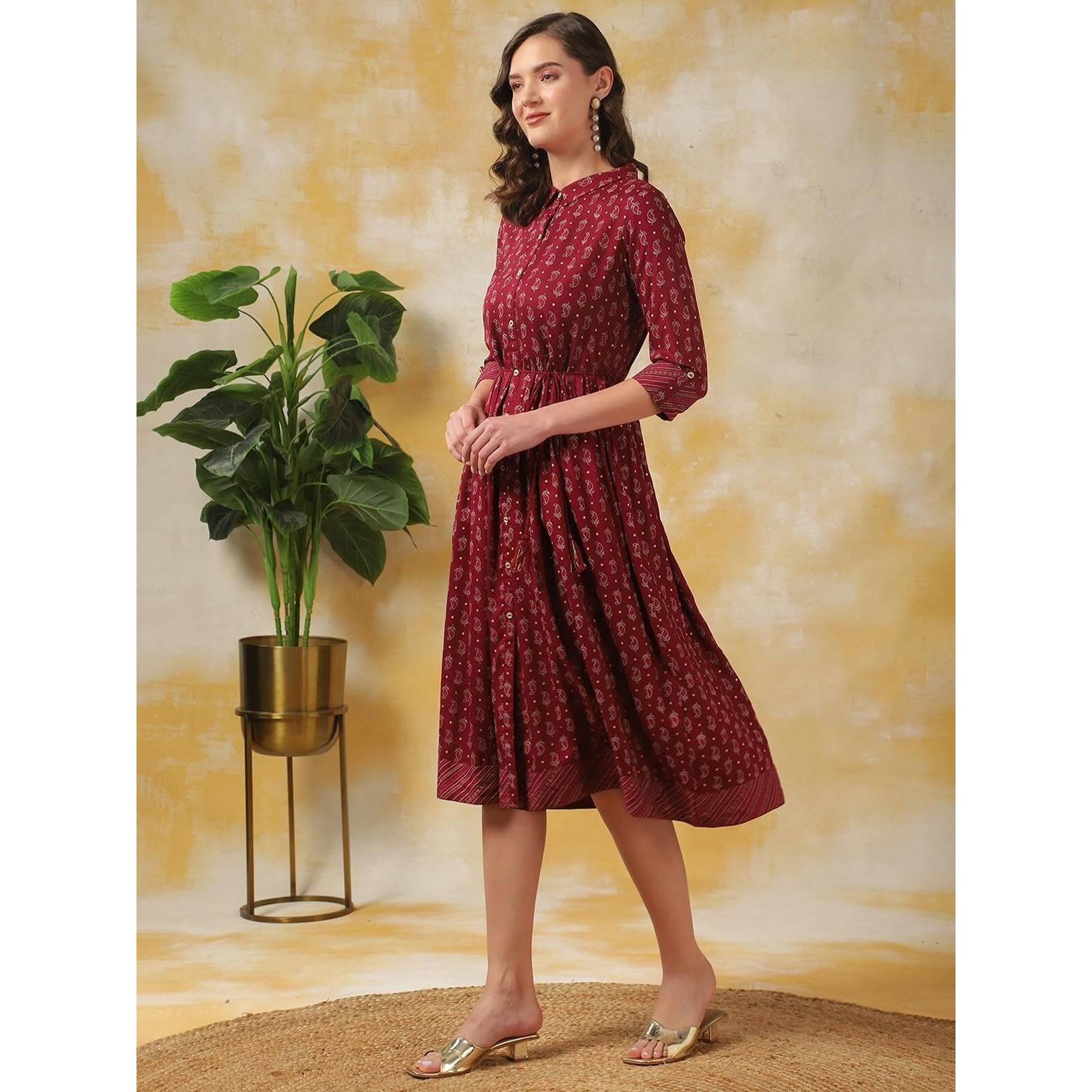 Rangita Women Maroon Rayon Printed Calf Length Flared Ethnic Dress, 3Xl