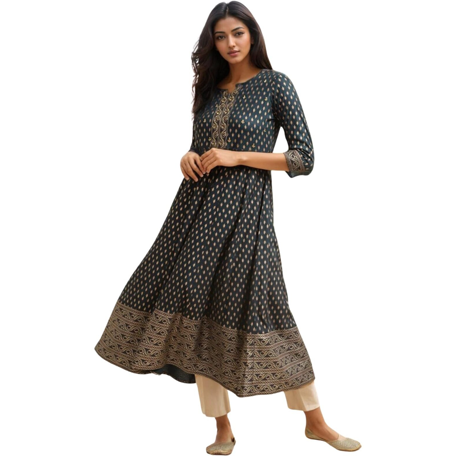 Rangita Teal Rayon Calf Length Embroidered Anarkali Kurti For Women | Kurta For Women_L