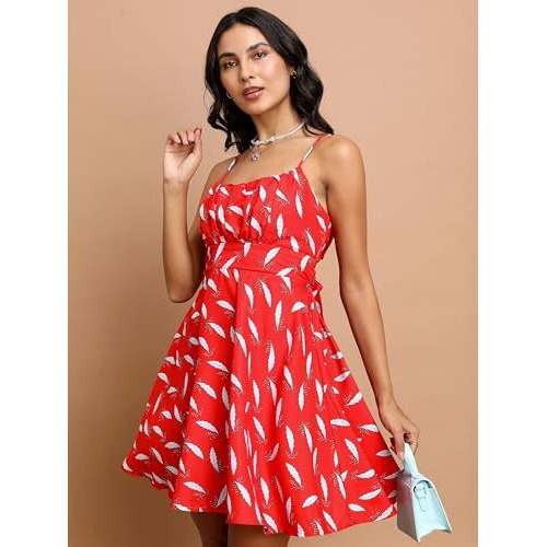 Ketch Women's Cotton Blend Strapy Cutout Mini Dress Knee-Length Khj6000484_Red