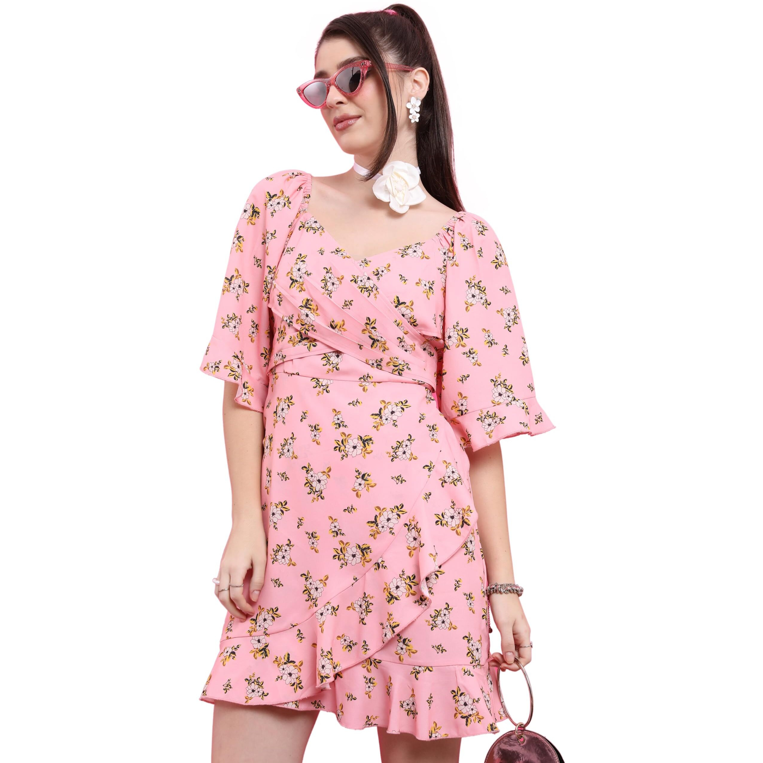 Ketch Women's Cotton Blend Ruffle Hem Dress Above The Knee Khj6000490_Pink/White/Multi