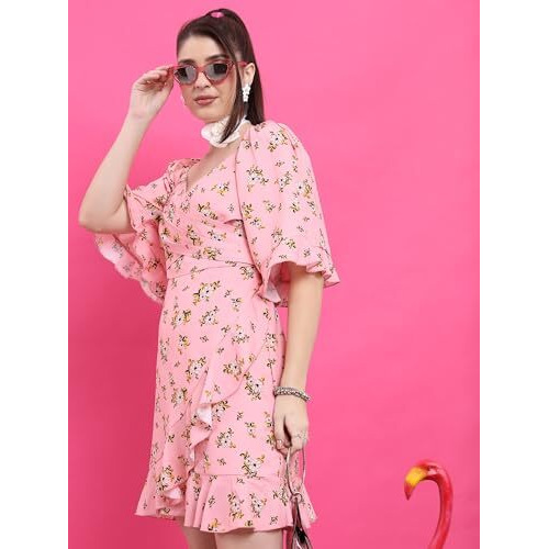 Ketch Women's Cotton Blend Ruffle Hem Dress Above The Knee Khj6000490_Pink/White/Multi