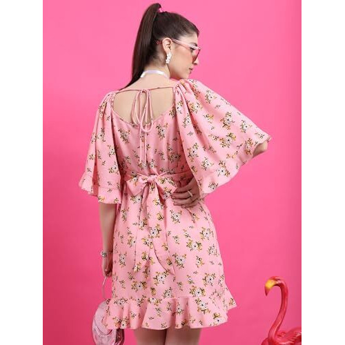 Ketch Women's Cotton Blend Ruffle Hem Dress Above The Knee Khj6000490_Pink/White/Multi