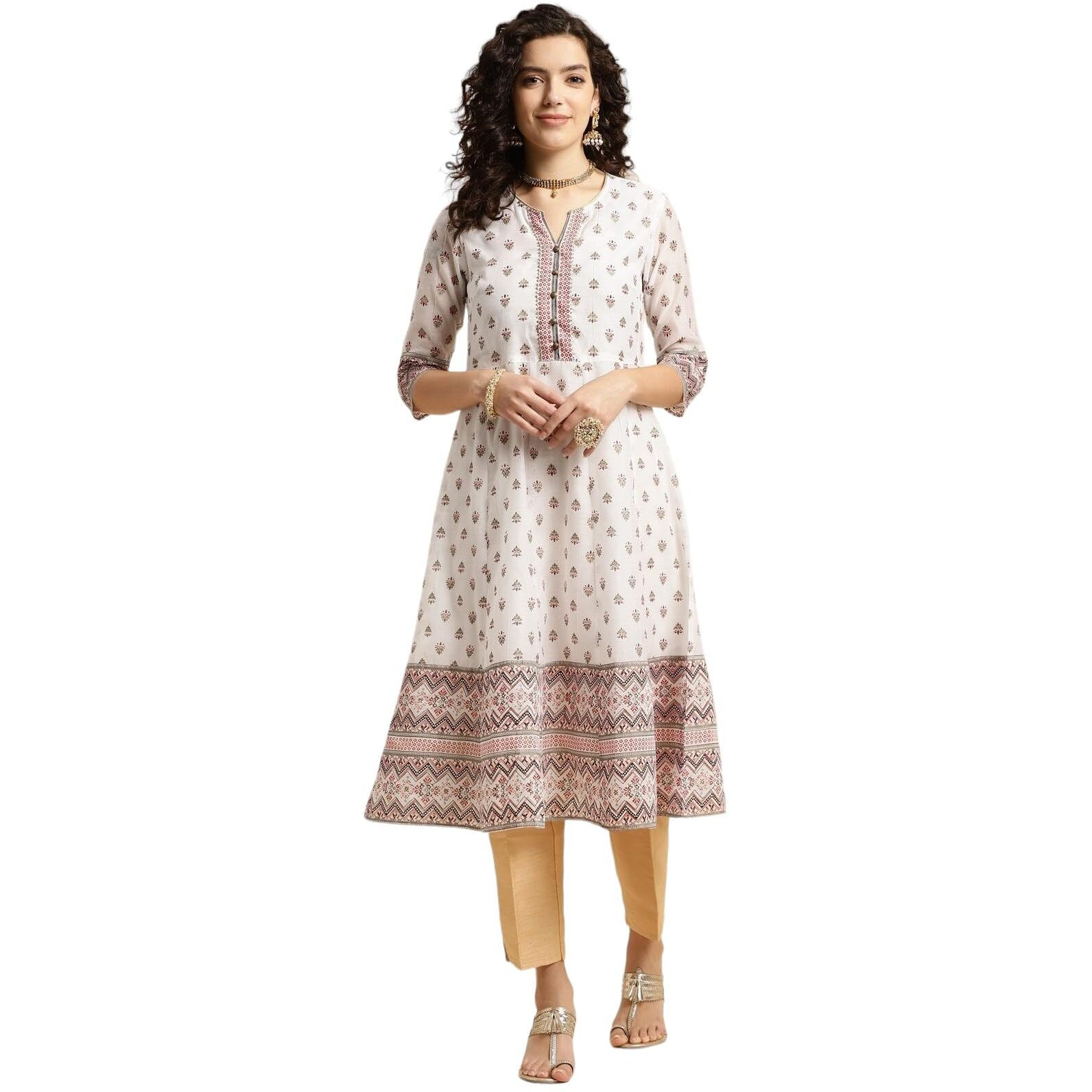 Rangita Off White Chanderi Calf Length Printed Flared Kurti For Women | Kurta For Women_2Xl