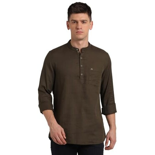 Turtle Men 100% Cotton Brown Solid Slim Fit Casual Kurta Shirt