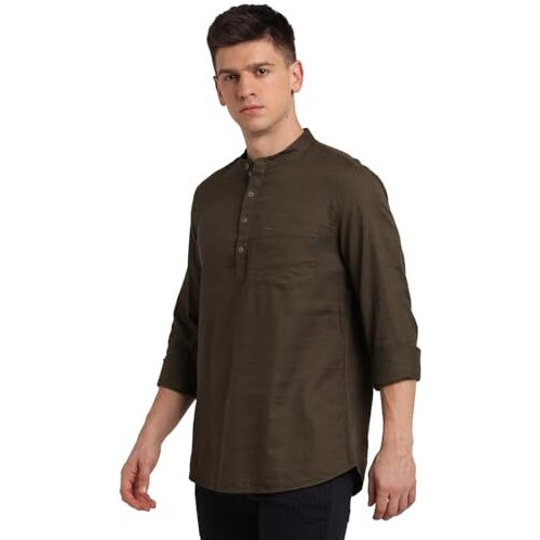 Turtle Men 100% Cotton Brown Solid Slim Fit Casual Kurta Shirt