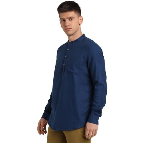 Turtle Men 100% Cotton Blue Solid Slim Fit Casual Kurta Shirt