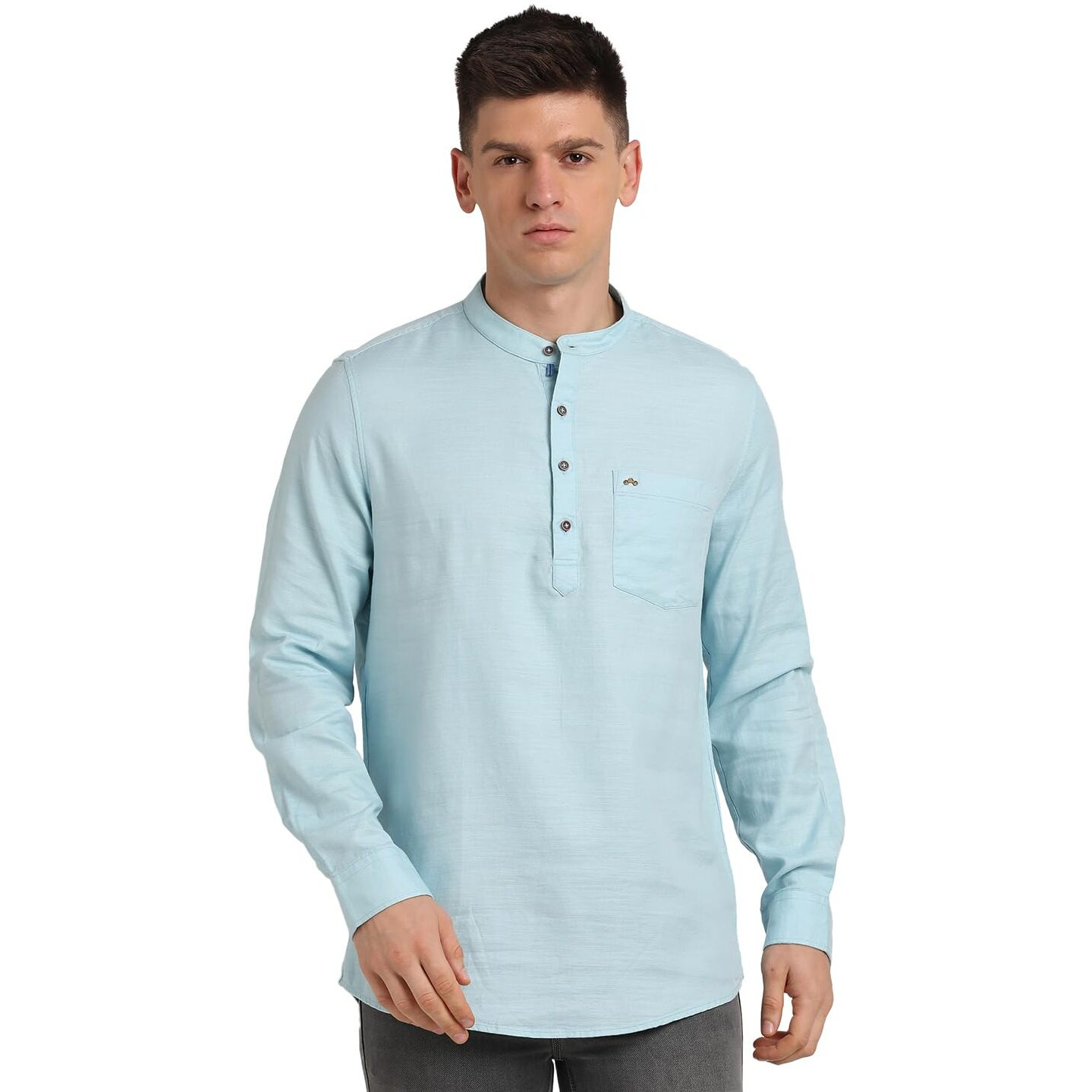 Turtle Men 100% Cotton Light Blue Solid Slim Fit Casual Kurta Shirt