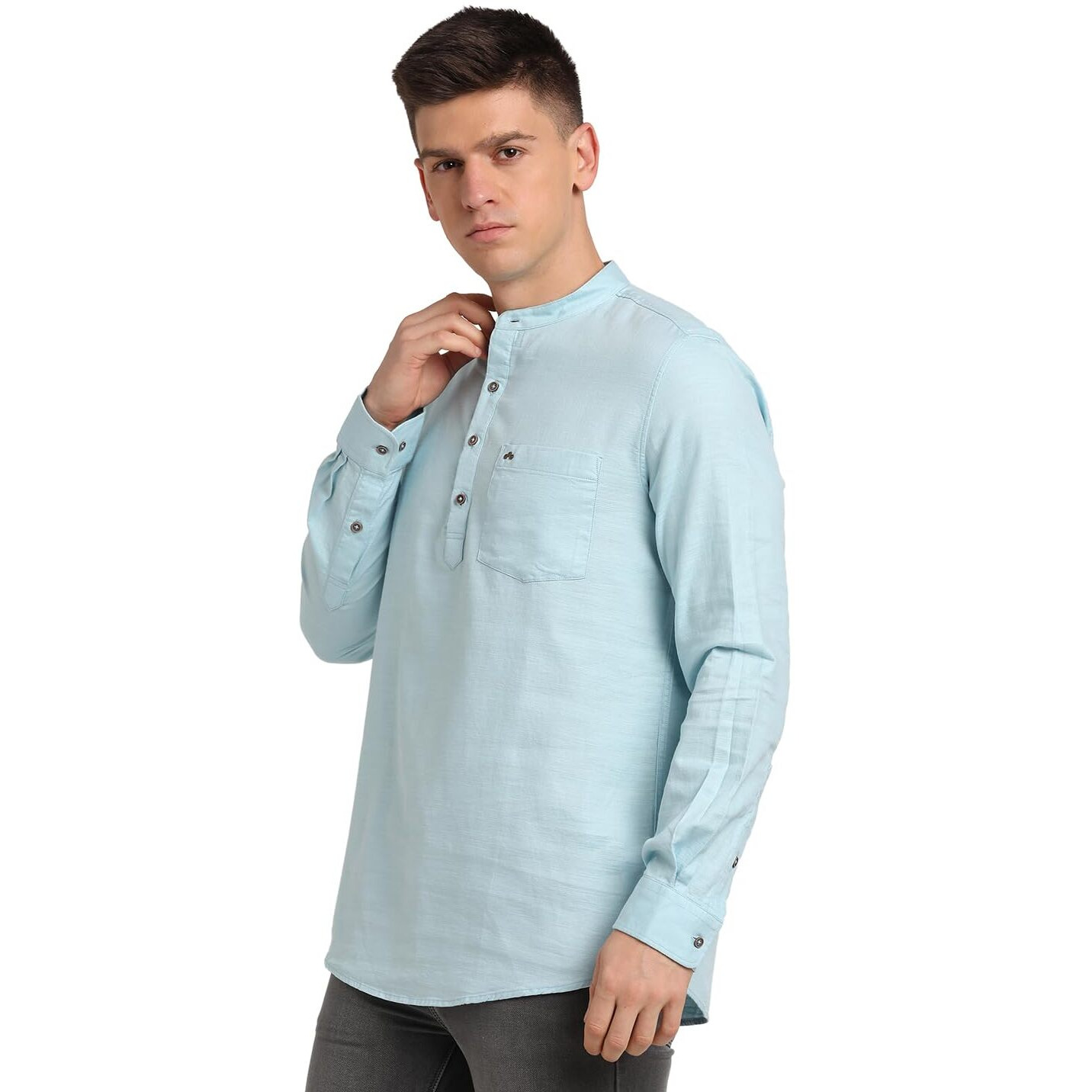 Turtle Men 100% Cotton Light Blue Solid Slim Fit Casual Kurta Shirt