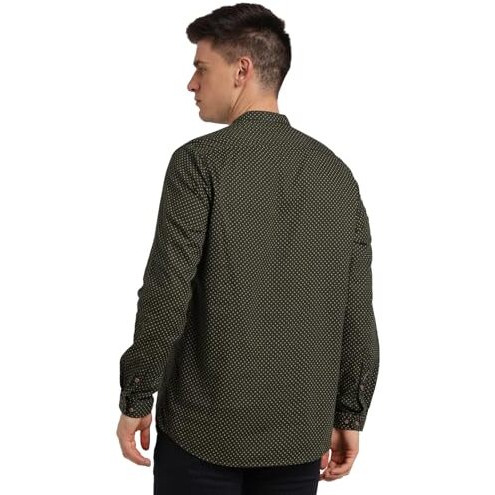 Turtle Men 100% Cotton Dark Green Printed Slim Fit Casual Kurta Shirt