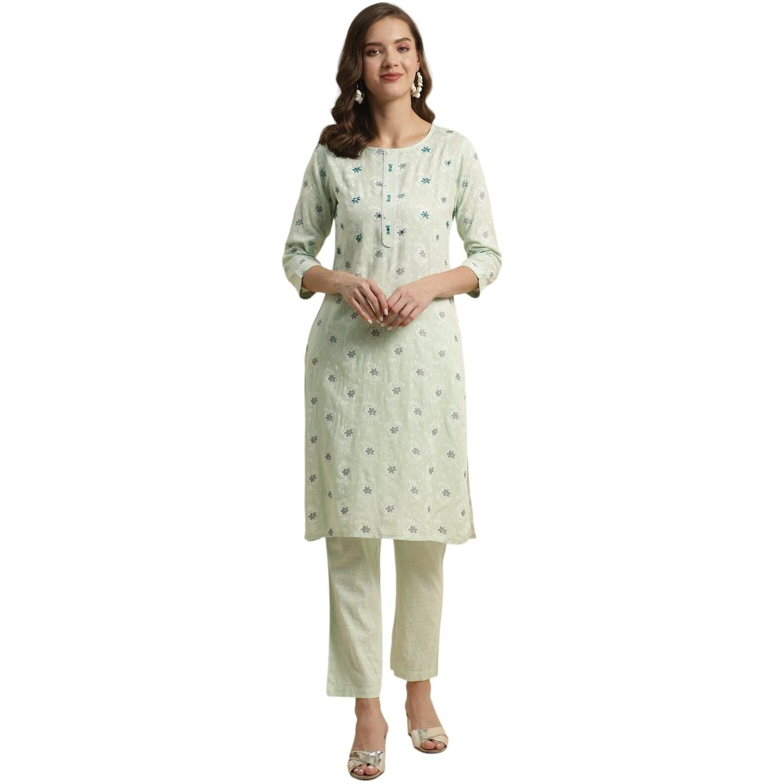 Rangita Green Rayon Embroidered Straight Kurta With Pant | Kurta Set For Women_L