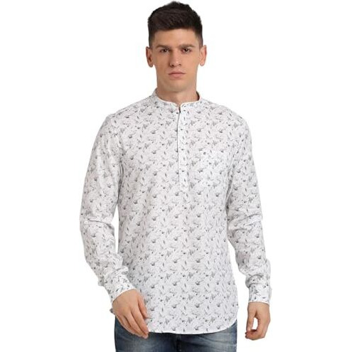 Turtle Men 100% Cotton Slim Fit Off White Printed Kurta Shirt