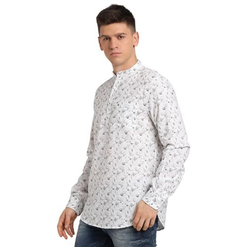 Turtle Men 100% Cotton Slim Fit Off White Printed Kurta Shirt