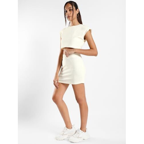 Nobero Women's Cannoli Rebecca Popcorn Textured Co-Ord Set, Off White Popcorn Textured Co-Ord Set, Crop Top & Skirt Set, M