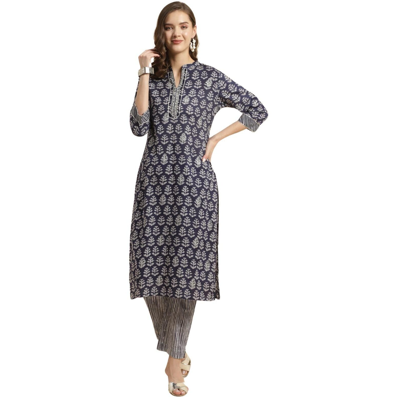 Rangita Women Indigo Cotton Floral Printed Calf Length Straight Kurti With Pants, S