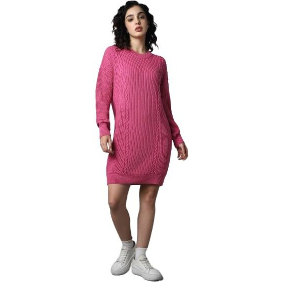 High Star Women's Acrylic Blend A-Line Knee-Length Dress (Hswsww23002_Pn_Pink