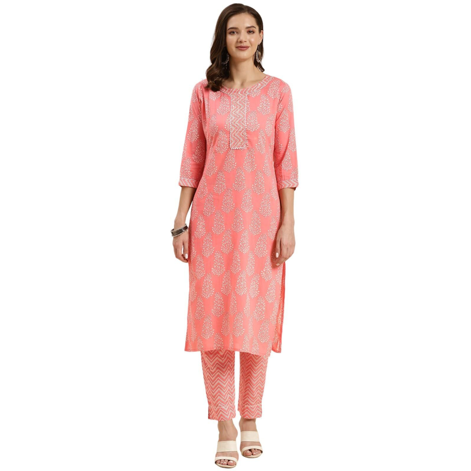 Rangita Peach Cotton Printed Straight Kurta With Pant | Kurta Set For Women_Xl