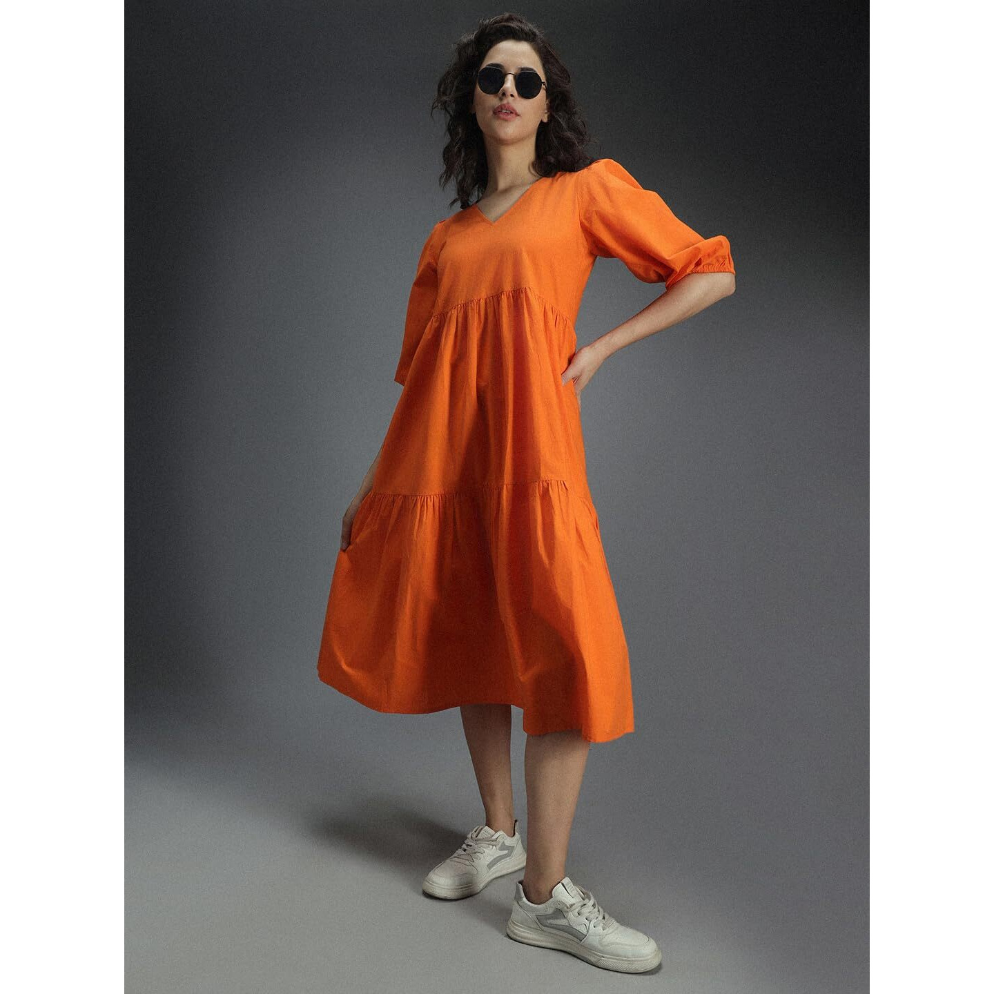 High Star Women's Cotton Pleated Maxi Casual Dress (Hswdrs23005_Or_Orange