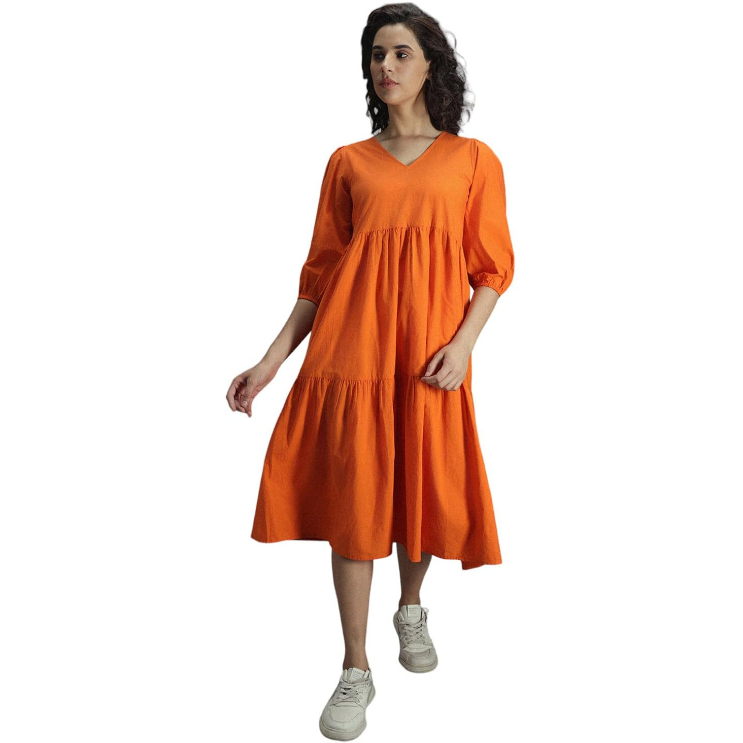 High Star Women's Cotton Pleated Maxi Casual Dress (Hswdrs23005_Or_Orange