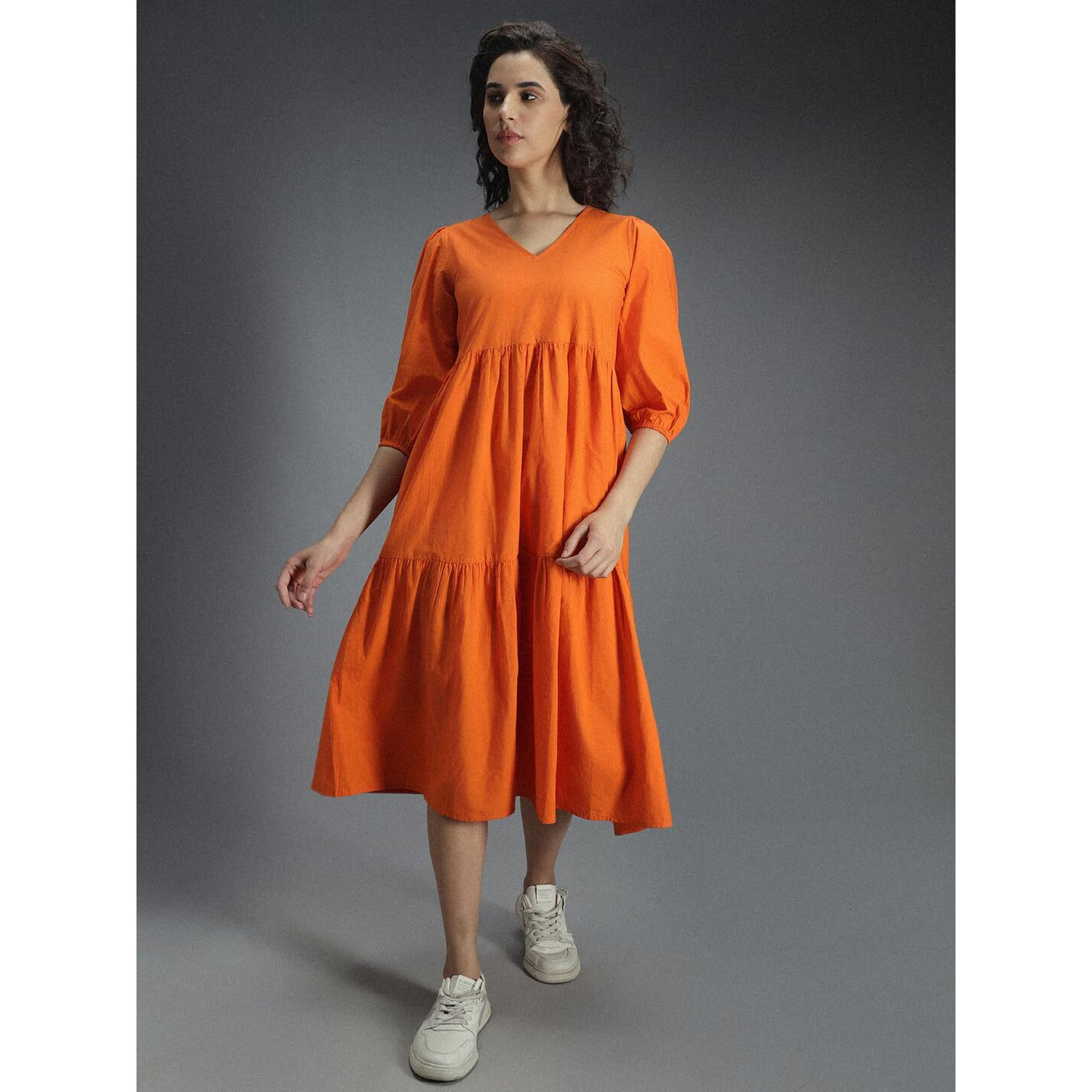 High Star Women's Cotton Pleated Maxi Casual Dress (Hswdrs23005_Or_Orange