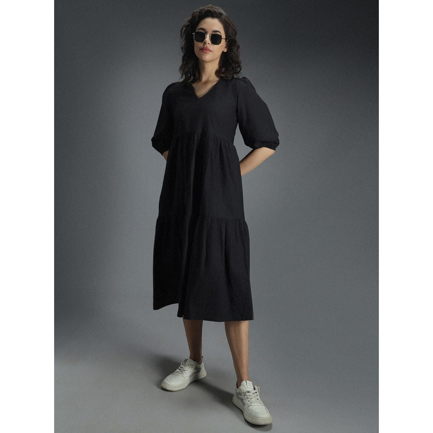 High Star Women's Cotton Pleated Maxi Casual Dress (Hswdrs23005_Bk_Black