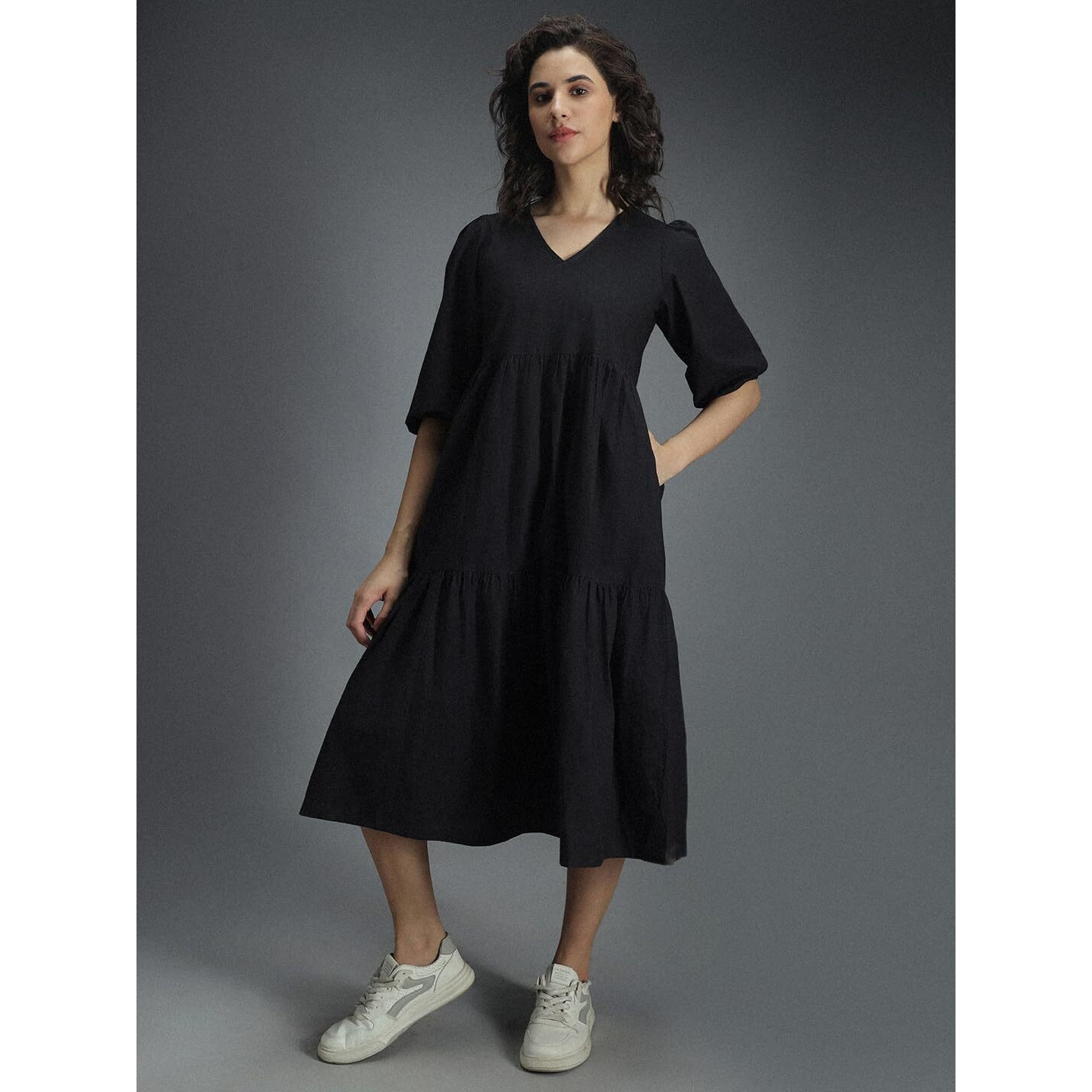 High Star Women's Cotton Pleated Maxi Casual Dress (Hswdrs23005_Bk_Black