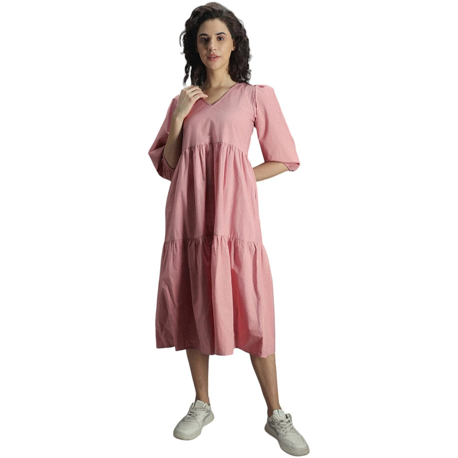 High Star Women's Cotton Pleated Maxi Casual Dress (Hswdrs23005_Lp_Pink