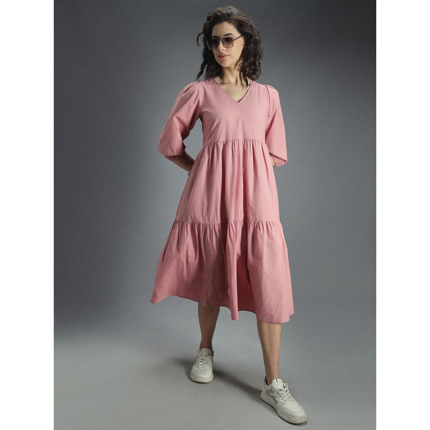 High Star Women's Cotton Pleated Maxi Casual Dress (Hswdrs23005_Lp_Pink