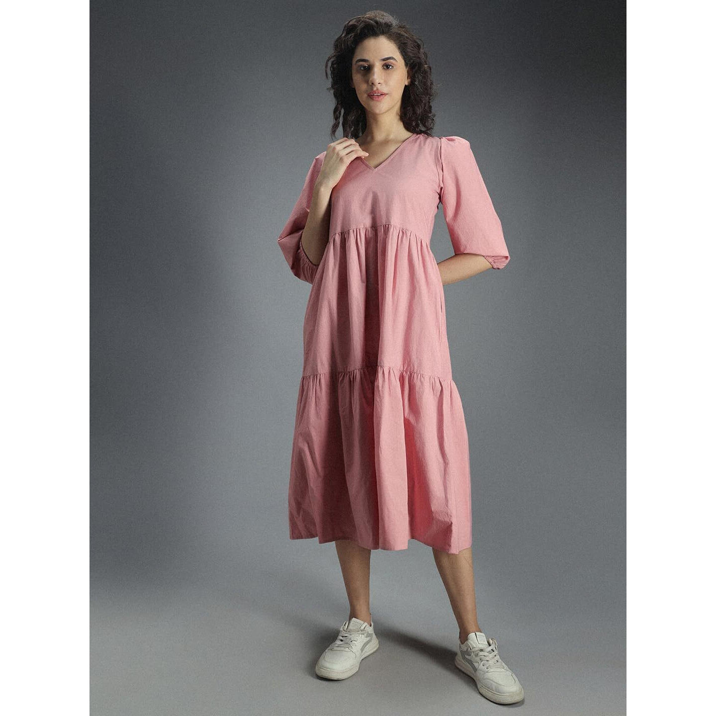 High Star Women's Cotton Pleated Maxi Casual Dress (Hswdrs23005_Lp_Pink