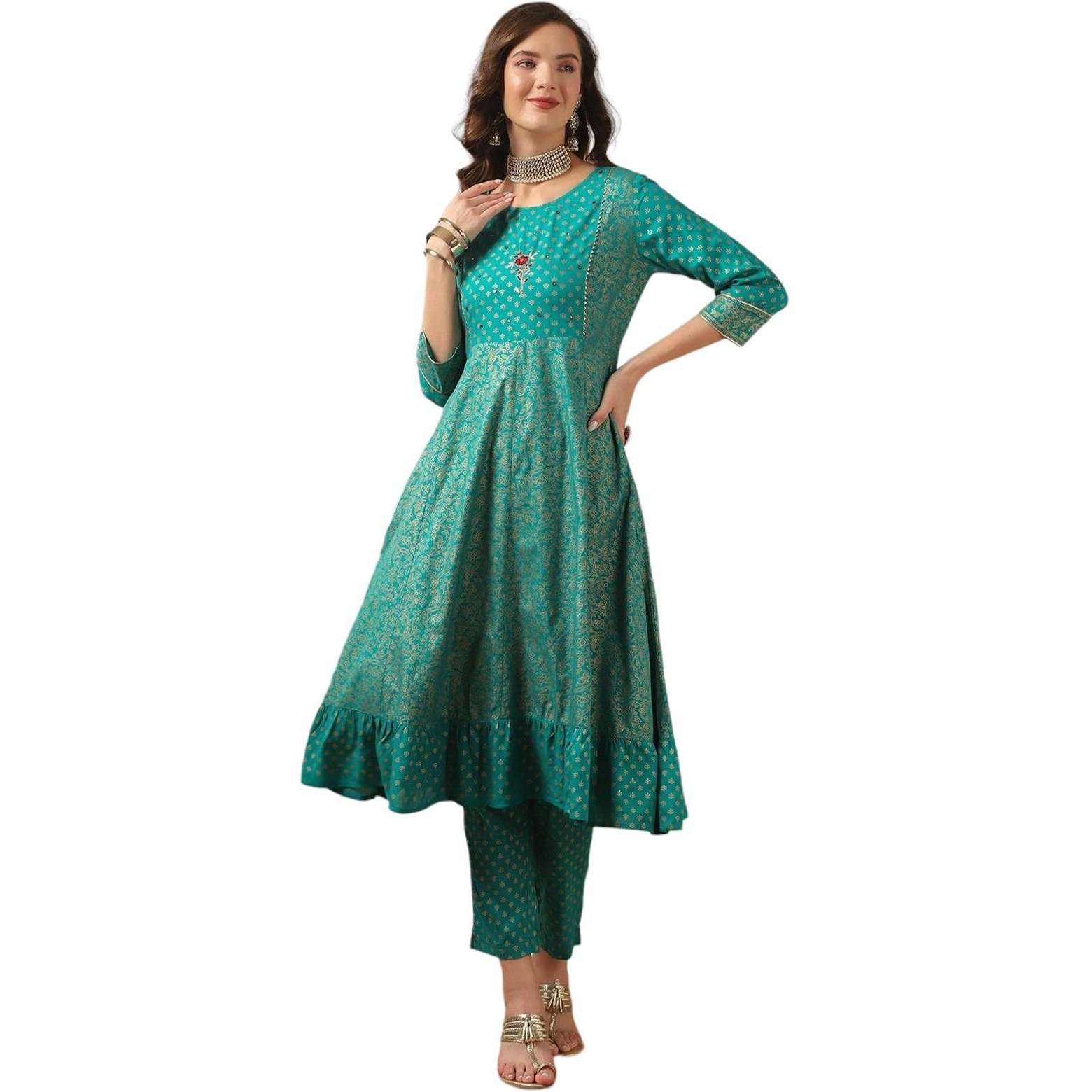 Rangita Turquoise Rayon Printed Anarkali Kurta With Pant | Kurta Set For Women_3Xl