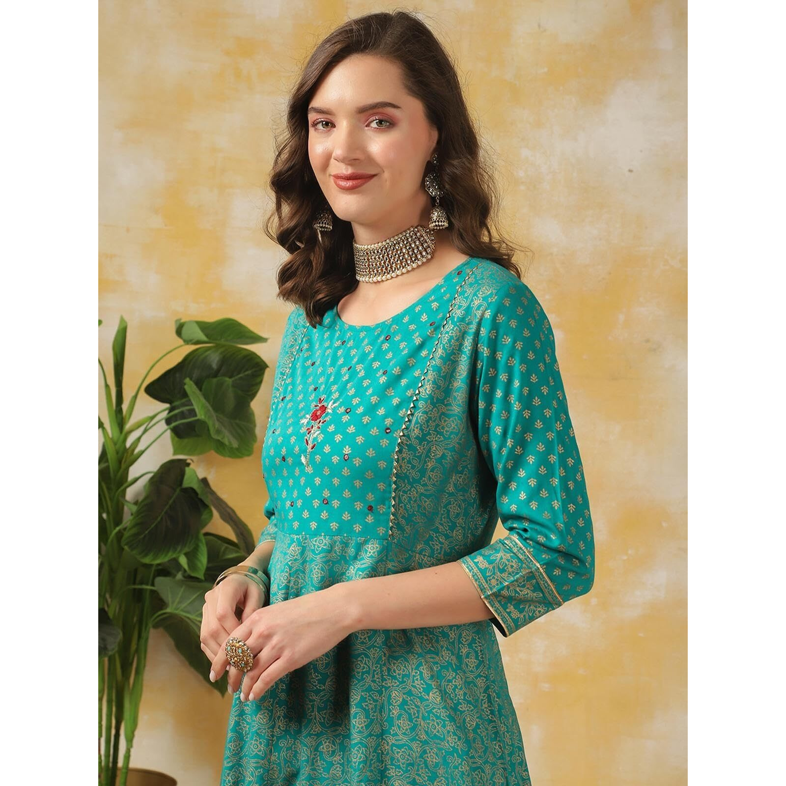 Rangita Turquoise Rayon Printed Anarkali Kurta With Pant | Kurta Set For Women_3Xl