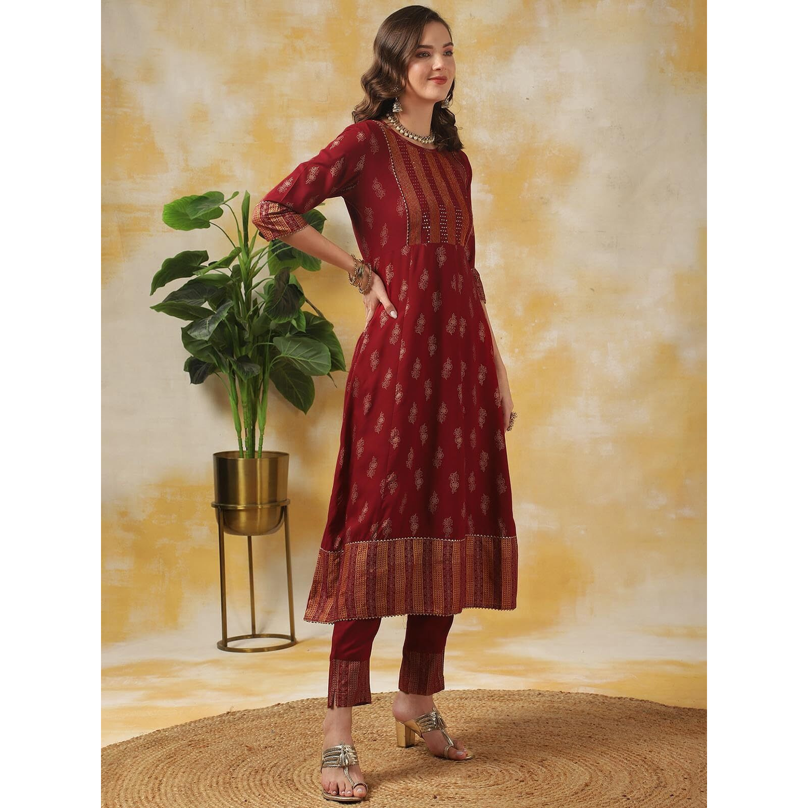 Rangita Maroon Rayon Embroidered Anarkali Kurta With Pant | Kurta Set For Women_Xl